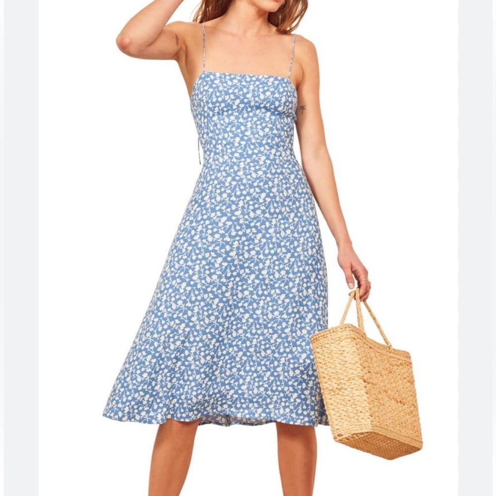 Reformation Peach Midi Marie Blue Floral Women's Dress